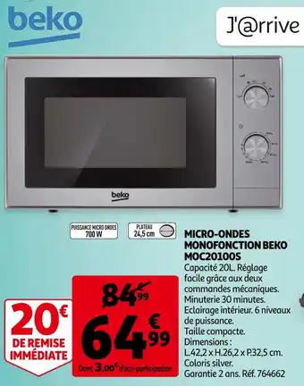 Auchan Beko micro-ondes monofonction moc20100s offre
