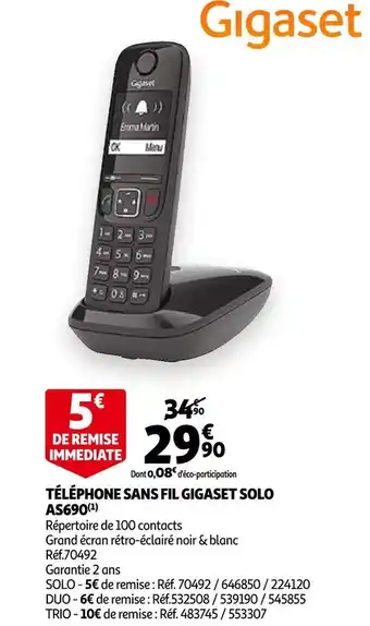 Auchan Gigaset téléphone sans fil solo as690 offre