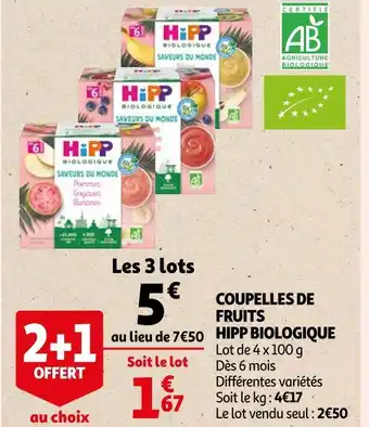 Auchan Hipp biologique coupelles de fruits offre
