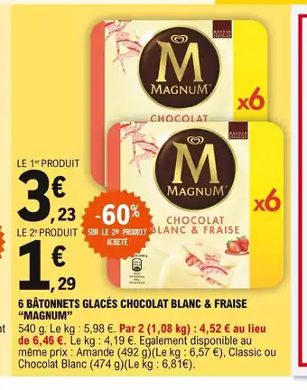 E.Leclerc Magnum 6 Bâtonnets Glacés Chocolat Blanc & Fraise offre