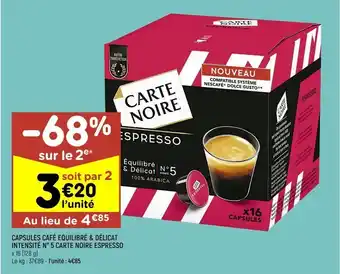 Leader Price Capsules café equilibré & délicat intensité n°5 carte noire espresso offre
