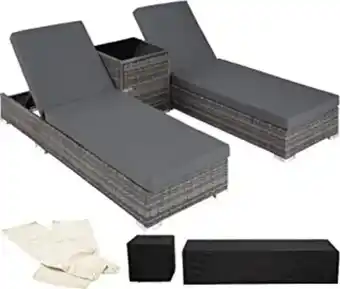 Tectake 2x chaise longue bain de soleil + table en aluminium et résine tressée + deux set de housses + housse de protectio...