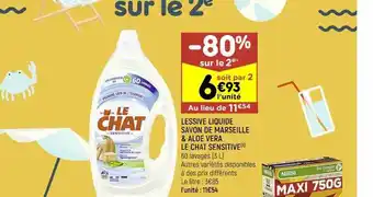 Leader Price Lessive liquide savon de marseille & aloe vera le chat sensitive offre