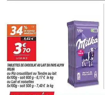 Netto Tablettes de chocolat au lait du pays alpin milka offre