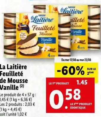 Lidl La laitière feuilleté de mousse vanille offre