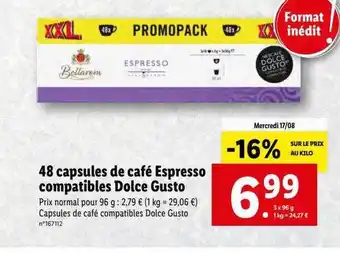 Lidl 48 capsules de café espresso compatibles dolce gusto offre