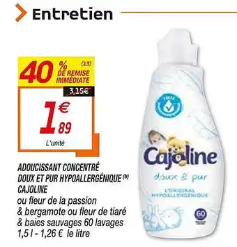 Netto Adoucissant Concentré Doux Et Pur Hypoallérgénique Cajoline offre