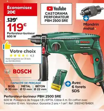 Castorama Bosch perforateur-burineur pbh 2500 sre offre