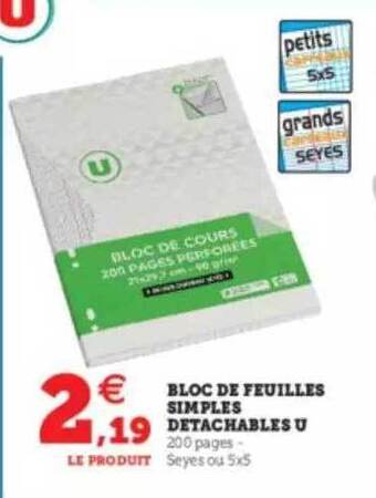 Hyper U Bloc de feuilles simples detachables u offre