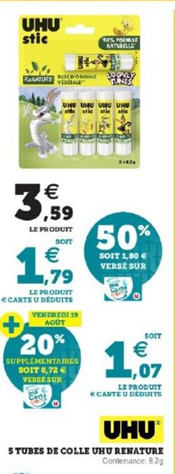 Super U 5 Tubes De Colle Uhu Renature offre
