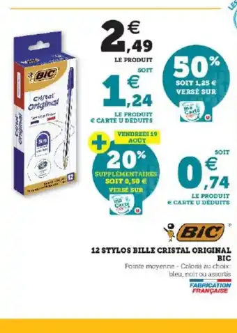 Super U 12 Stylos Bille Cristal Original Bic offre
