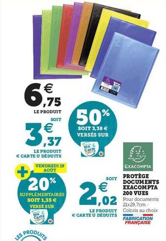 Hyper U Protège documents exacompta 200 vues offre