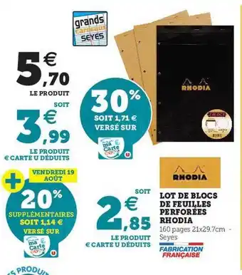 Hyper U Lot de blocs de feuilles perforées rhodia offre