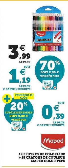 Hyper U 12 feutres de coloriage + 15 crayons de couleur maped color peps offre