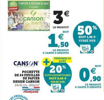 Hyper U Pochette de 24 feuilles de papier dessin canson offre