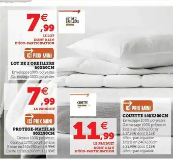 Hyper U Lot de 2 oreillers 60 x 60 cm, protège-matelas 90 x 190 cm, couette 140 x 200 cm offre