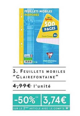 Monoprix Feuillets mobiles clairefontaine offre