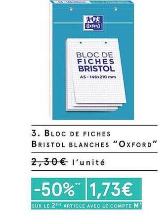 Monoprix Bloc de fiches bristol blanches oxford offre