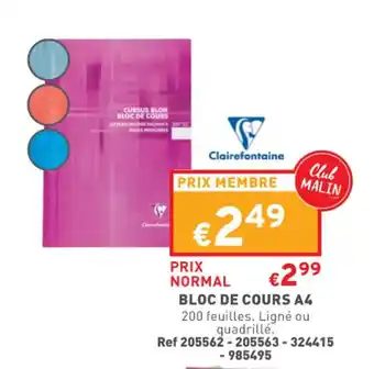 Trafic Bloc de cours A4 offre