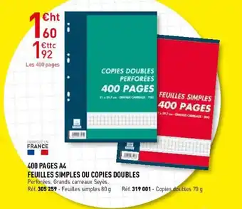 Hyperburo 400 pages A4 feuilles simples ou copies doubles offre