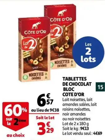 Auchan COTE D'OR tablettes de chocolat blco offre
