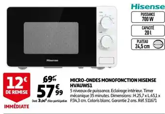 Auchan Micro-ondes monofonction hisense HVAUWS1 offre