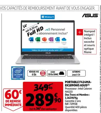 Auchan Asus Portable F414MA-EK1890WS offre