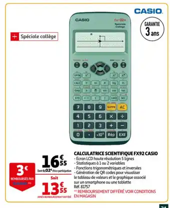 Auchan Calculatrice Scientifique FX92 Casio offre