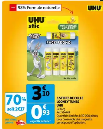 Auchan Uhu 5 Sticks de Colle Looney Tunes offre