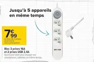 Carrefour Bloc 3 prises 16a et 2 prises usb 2,4a offre