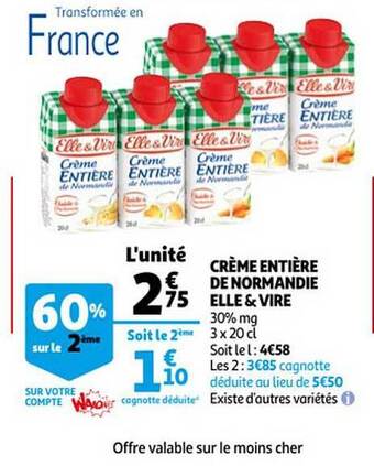Auchan Crème entière de normandie elle & vire offre