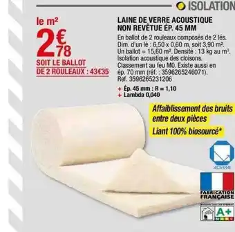 Brico Dépôt Laine de verre acoustique non revêtue offre