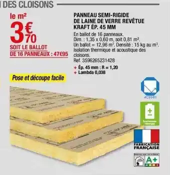 Panneau semi-rigide de laine de verre revêtue kraft