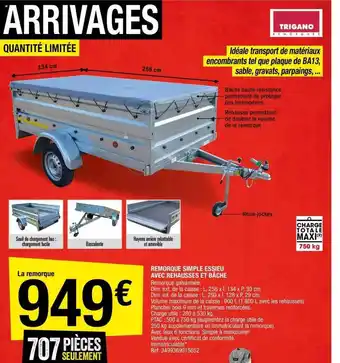 Brico Dépôt Remorque simple essiue avec réhausses et bâche offre