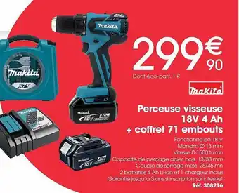 Brico Pro Perceuse visseuse 18v 4ah + coffret 71 embouts offre