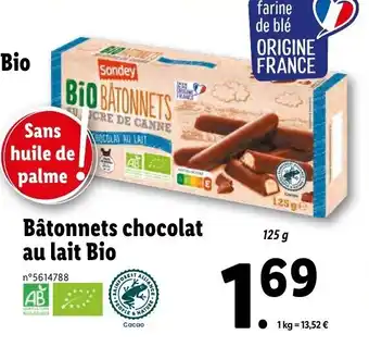 Bâtonnets chocolat au lait bio