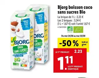 Lidl Bjorg boisson coco sans sucres bio offre