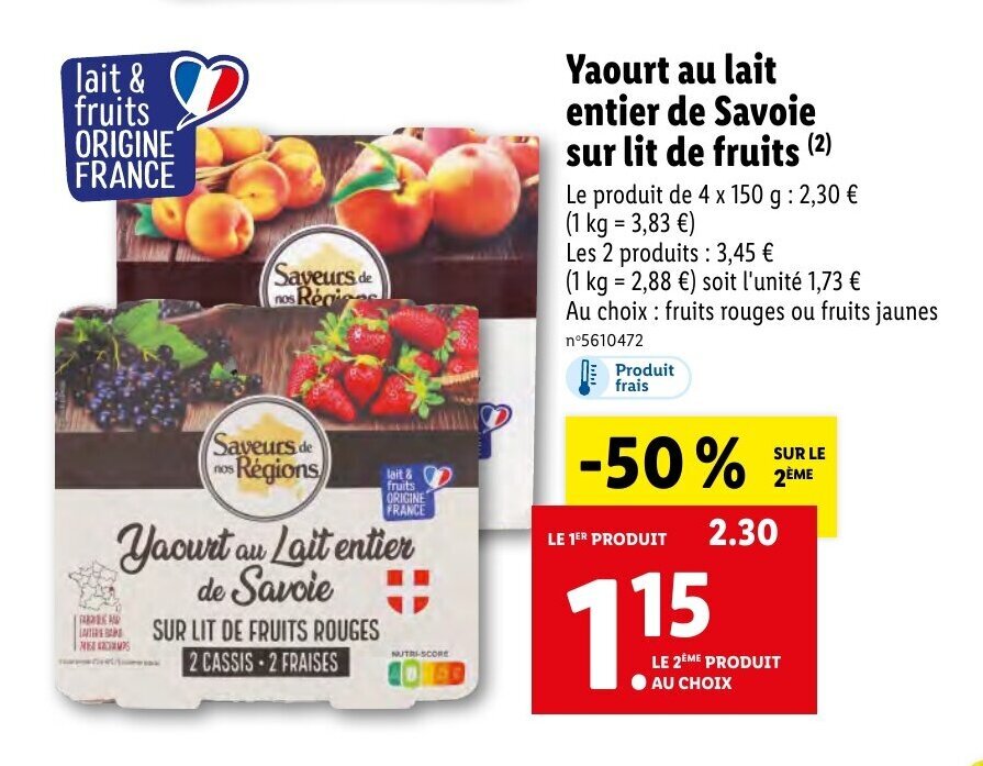 Promo Yaourt au lait enteir de savoie sur lit de fruits chez Lidl