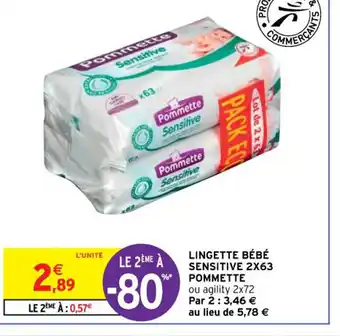 Intermarché Lingette Bébé Sensitive 2x63 Pommette offre