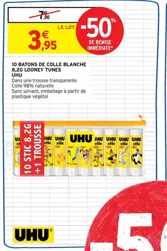 Intermarché Uhu 10 Batons de Colle Blanche 8,2g Looney Tunes offre