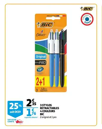 3 Stylos Retractables 4 Couleurs Bic