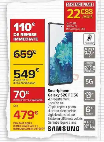 Carrefour Smartphone galaxy s20 fe 5g samsung offre