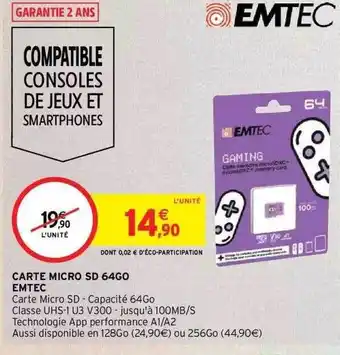 Intermarché Carte micro sd 64go emtec offre