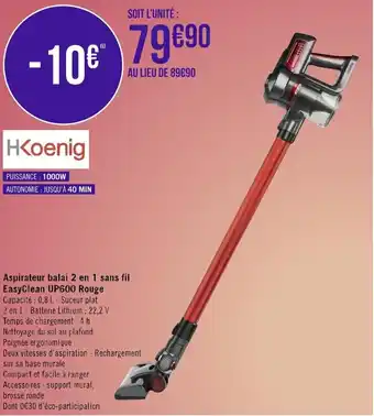 Géant Casino Aspirateur balai 2 en 1 sans fil easyclean UP600 rouge offre