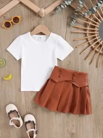 SheIn Fille t-shirt côtelé & jupe plissée offre
