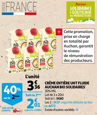Auchan Auchan bio crème entière uht fluide solidaires offre