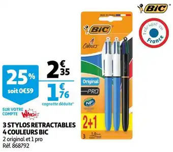 Auchan Bic 3 stylos retractables 4 couleurs offre