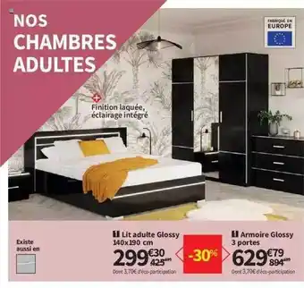 Conforama Lit adulte glossy 340 x 190 cm, armoire glossy 3 portes offre