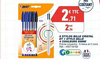 Bureau Vallée 8 stylos bille crystal et 1 stylo bille 4 couleurs shine bic offre