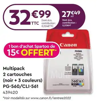 Calipage Canon multipack 2 cartouches (noir + 3 couleurs) pg-560/cli-561 offre